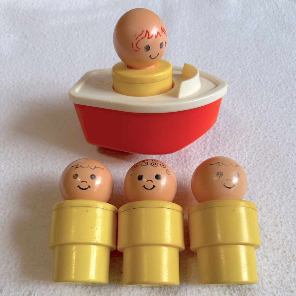 4 Fisher Price Jumbo Little People with Boat. (Big Yellow People) Vintage 1974